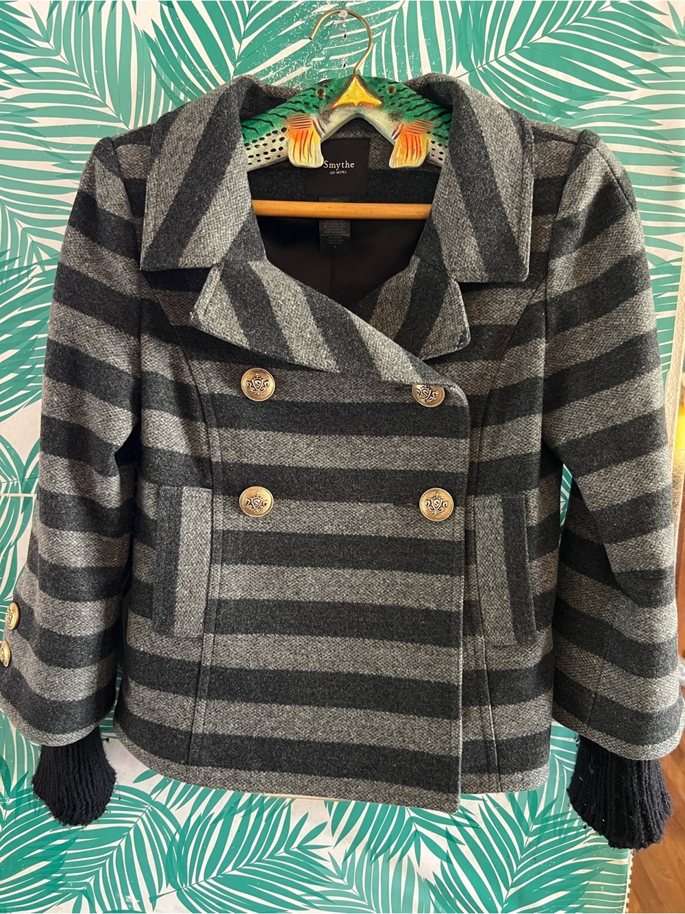 Smythe Les Vestes Grey & Black Charcoal Striped Wool-Cashmere Peacoat Sz 4